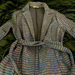 Silver, iridescent, sequin shorts and jacket set.